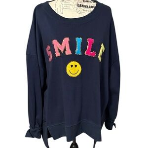 Navy Smile Graphic Sweatshirt Sequin Accent Oversized 3/4 Sleeves Blue Size M